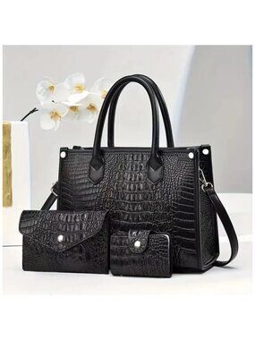 3-IN-1 Large Faux Crocodile  Crossbody Bag with Matching Pouch Set